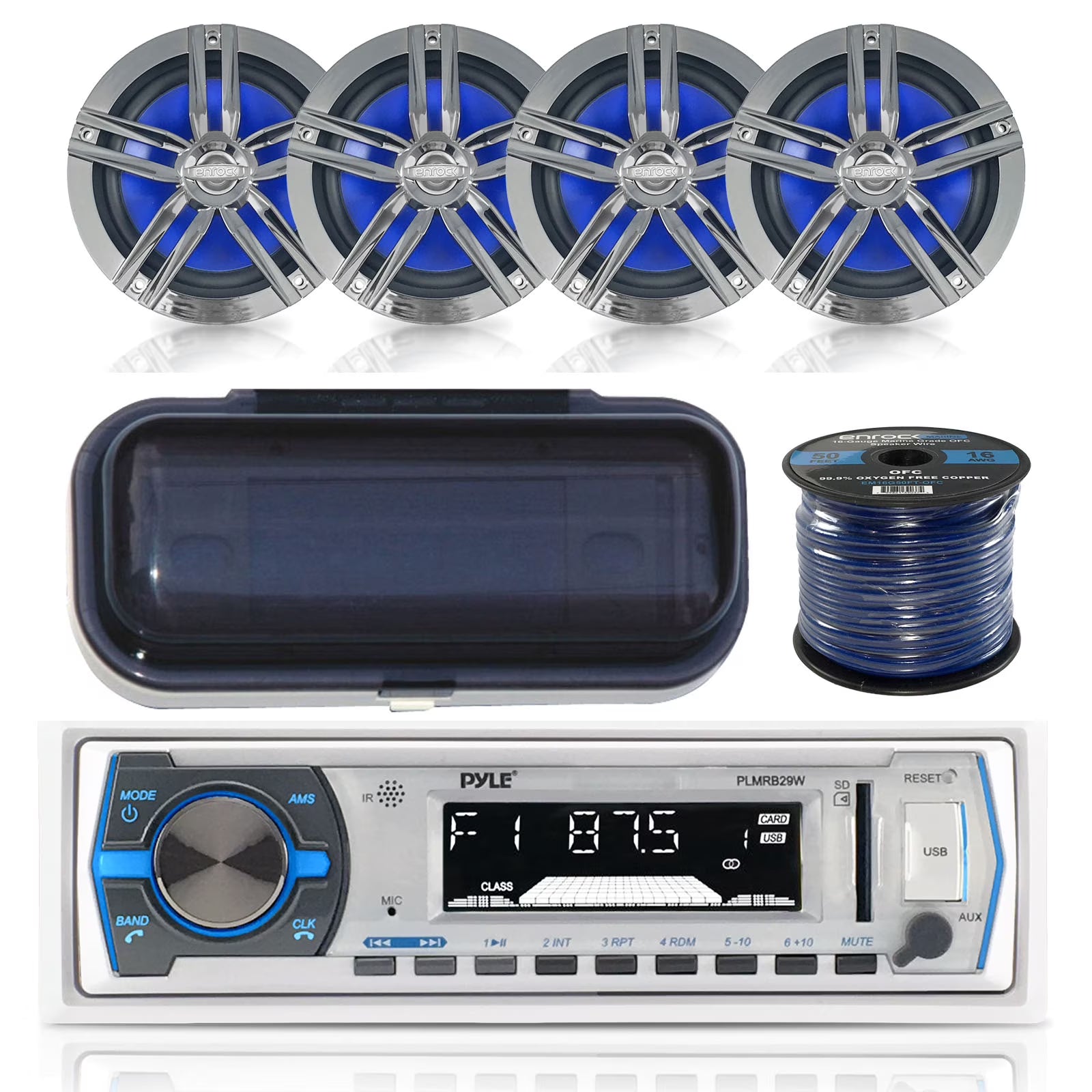 Pyle PLMRB29W Marine Boat USB/SD/MP3 Bluetooth Stereo Receiver With Waterproof Cover Bundle Combo With 4x Enrock 6.5  Inch Dual-Cone Chrome/Black Audio Coaxial Speakers + Enrock 50Ft 16g Speaker Wire