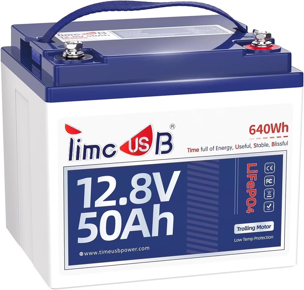 Timeusb 12V 50Ah TM LiFePO4 Battery with Low-temp Protection, 15000+ Cycles Battery with Grade A Cells, Built-in 50A BMS, Deep Cycle Lithium Battery Perfect for Trolling Motor, Kayak, RV,Camping