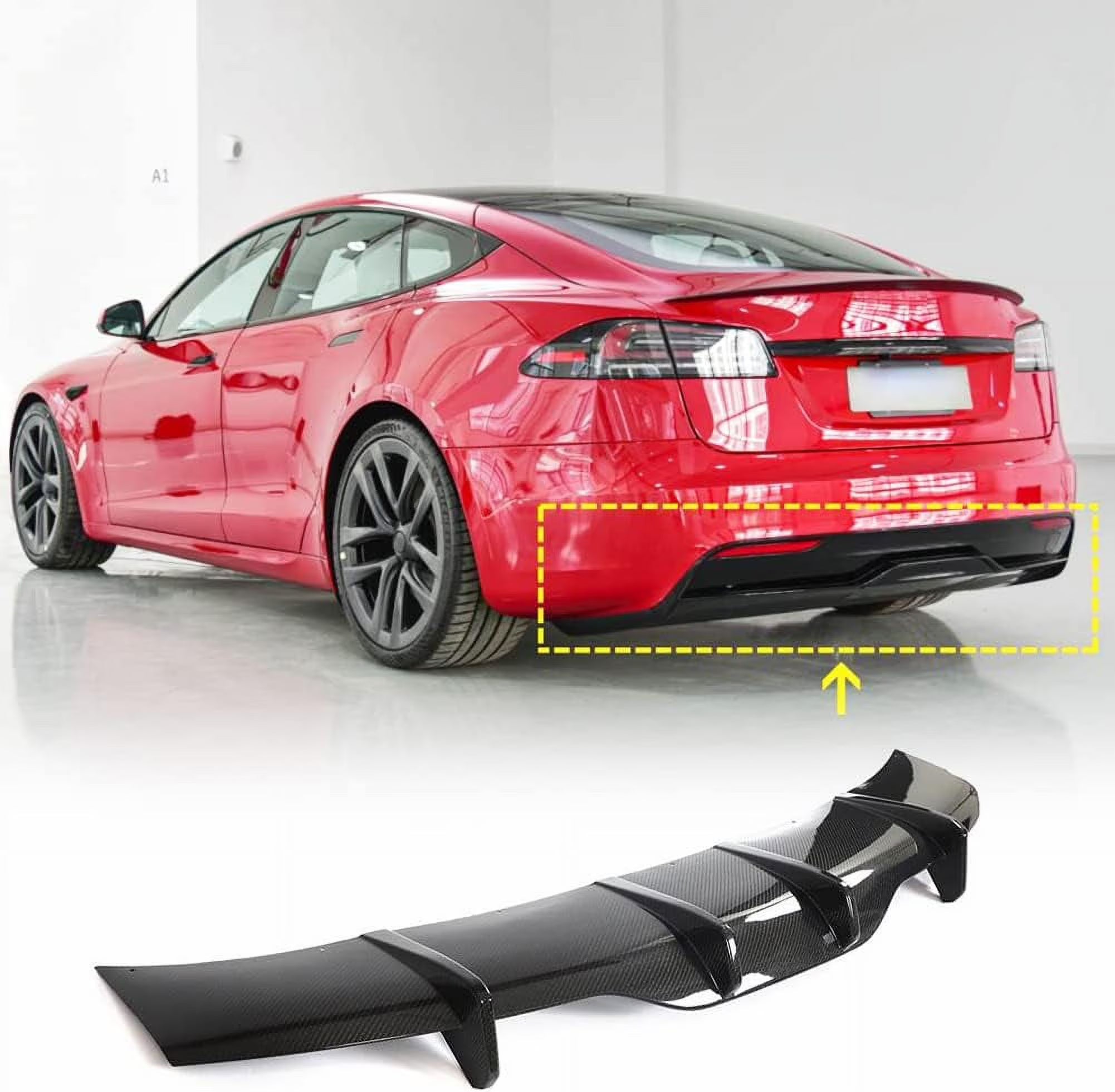 Model S Carbon Fiber Rear Diffuser fits for Tesla Model S Sedan 4 Door 2021-2023 Rear Bumper Cover Lower Lip Spoiler Valance Protector