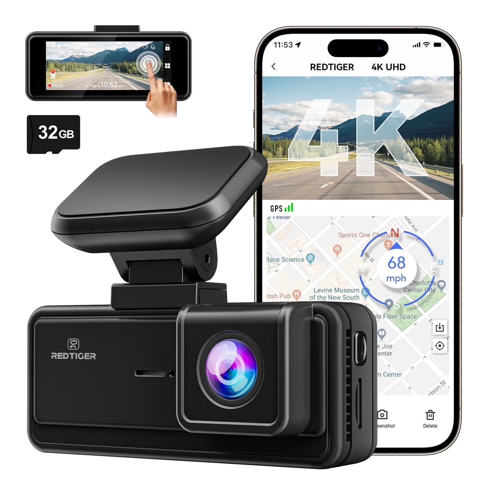 REDTIGER 4K Car Dash Cam, 3.18'' Touch Screen Dash Cam Front, 5GHz Wifi App Control, 2160P UHD Dash Camera for Cars with Night Vision, Built-in GPS, Loop Rcording, Free 32GB Card, Vehicle, Black