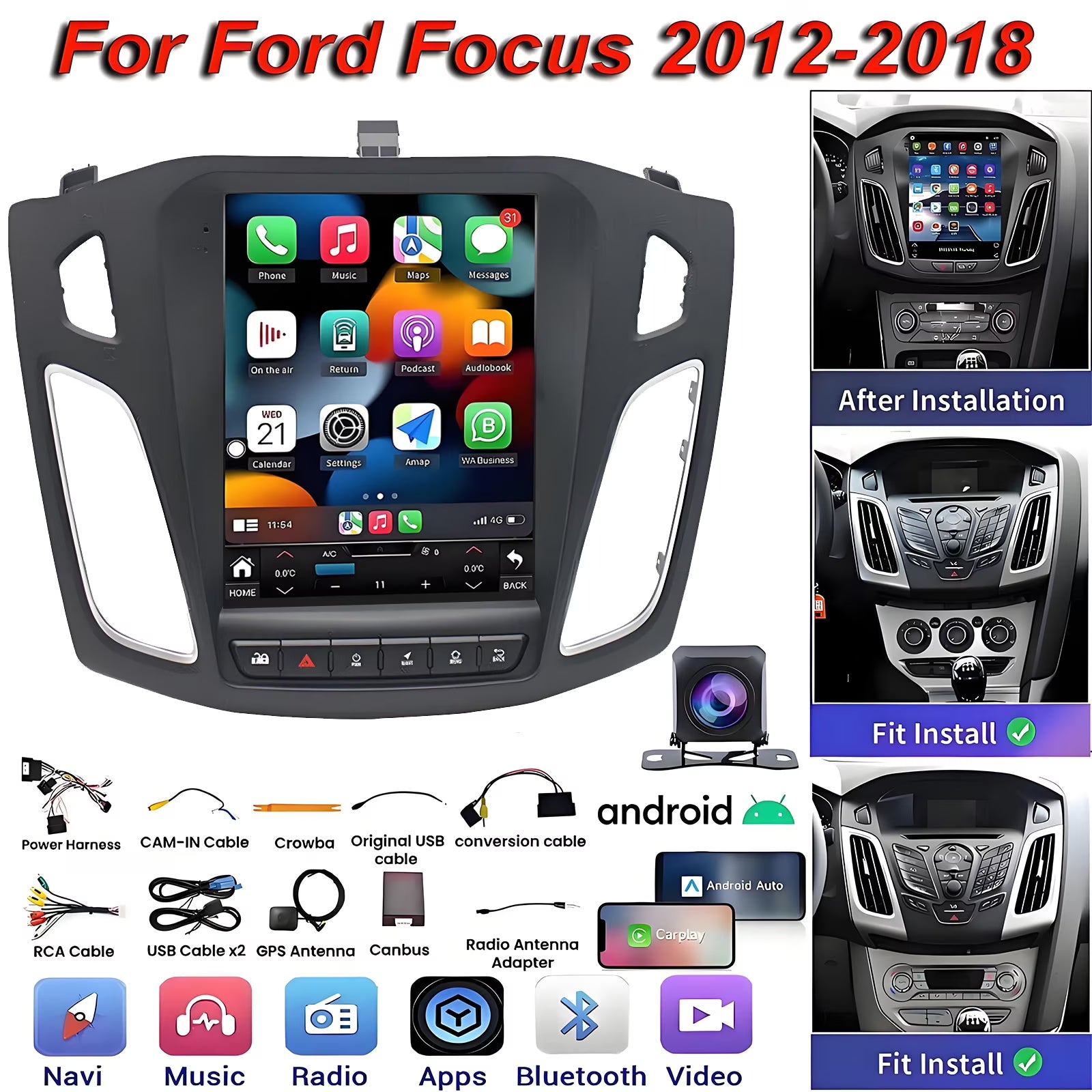 Eforcase Car Radio Stereo for Ford Focus 2012-2018, Android 13 9 Inch Built-in Carplay Android Auto Play DSP Bluetooth5.0 WiFi GPS SWC + Camera