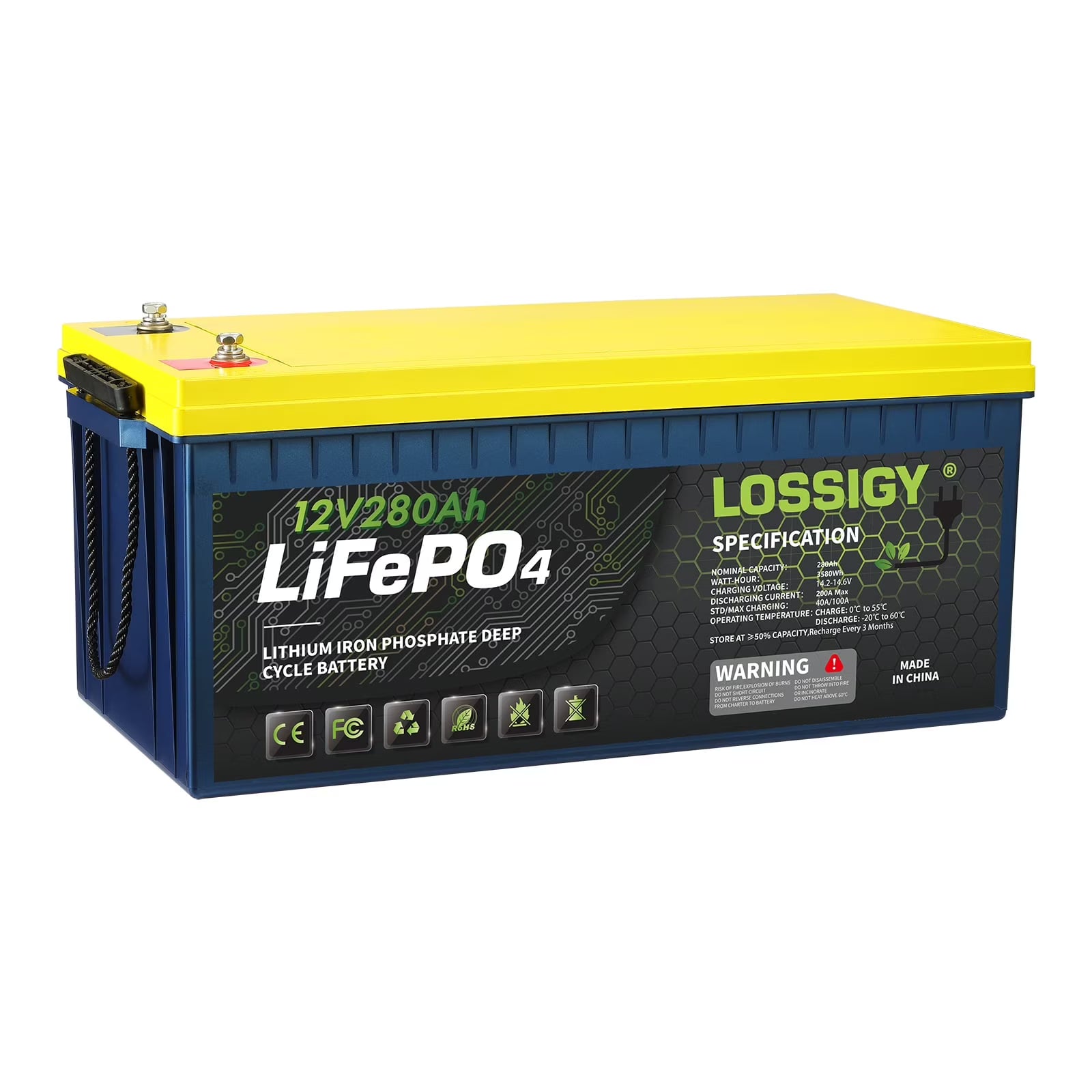 LOSSIGY 12V 280AH LiFePO4 Lithium RV Battery, Perfect for Solar System, Marine, 3584Wh 5000+ Deep Cycles, Built in BMS with 10 Yrs Lifespan