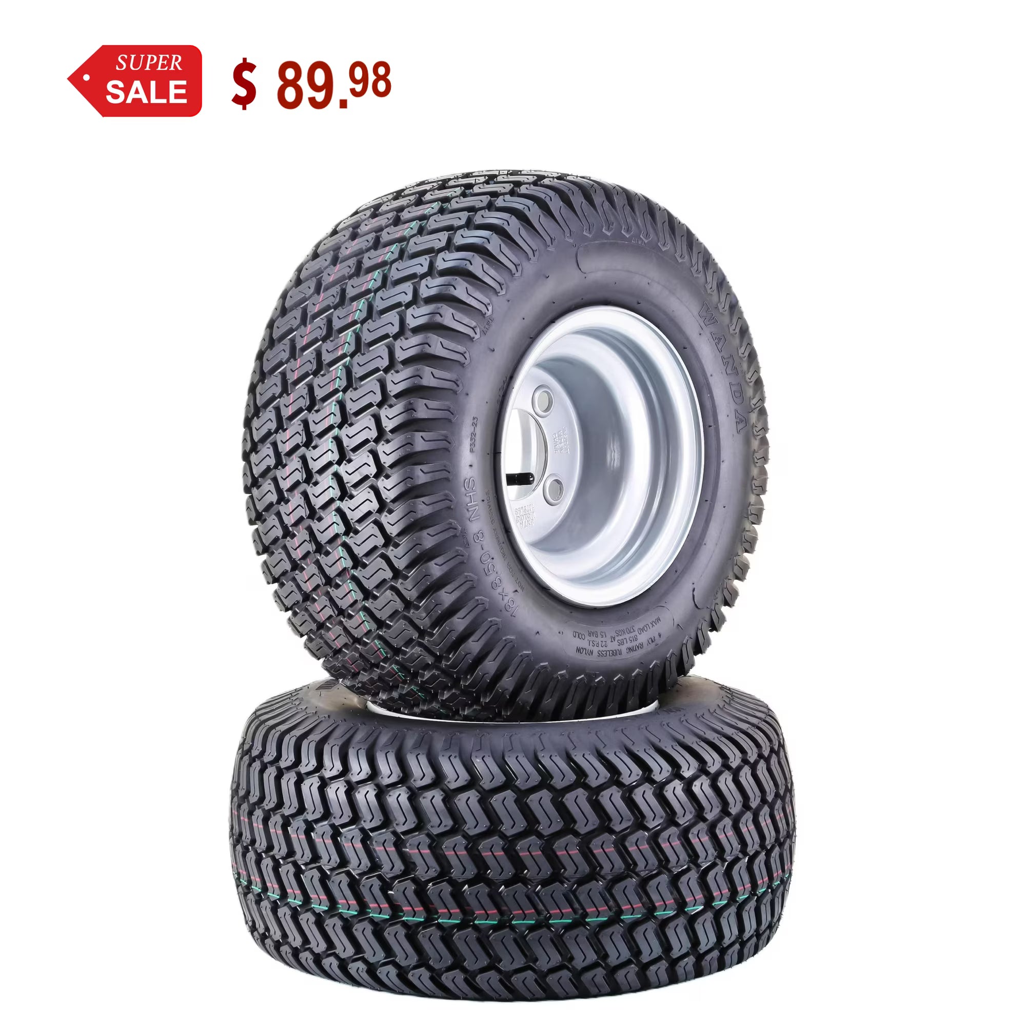 WANDA Lawn Mower Tractor Tire & wheel 18X8.5-8 4-Ply with 4 Lugs on 4  PCD Silver Wheel-13028,SET 2