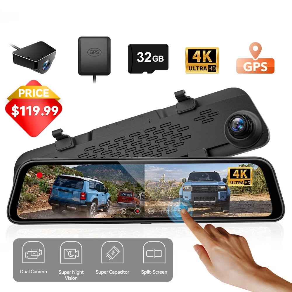 WolfBox Mirror Dash Cam, 12  4K Rear View Mirror Dashcam with Full Touch Screen, Wifi & GPS, WDR, Super Night Vision, Free 32GB Card