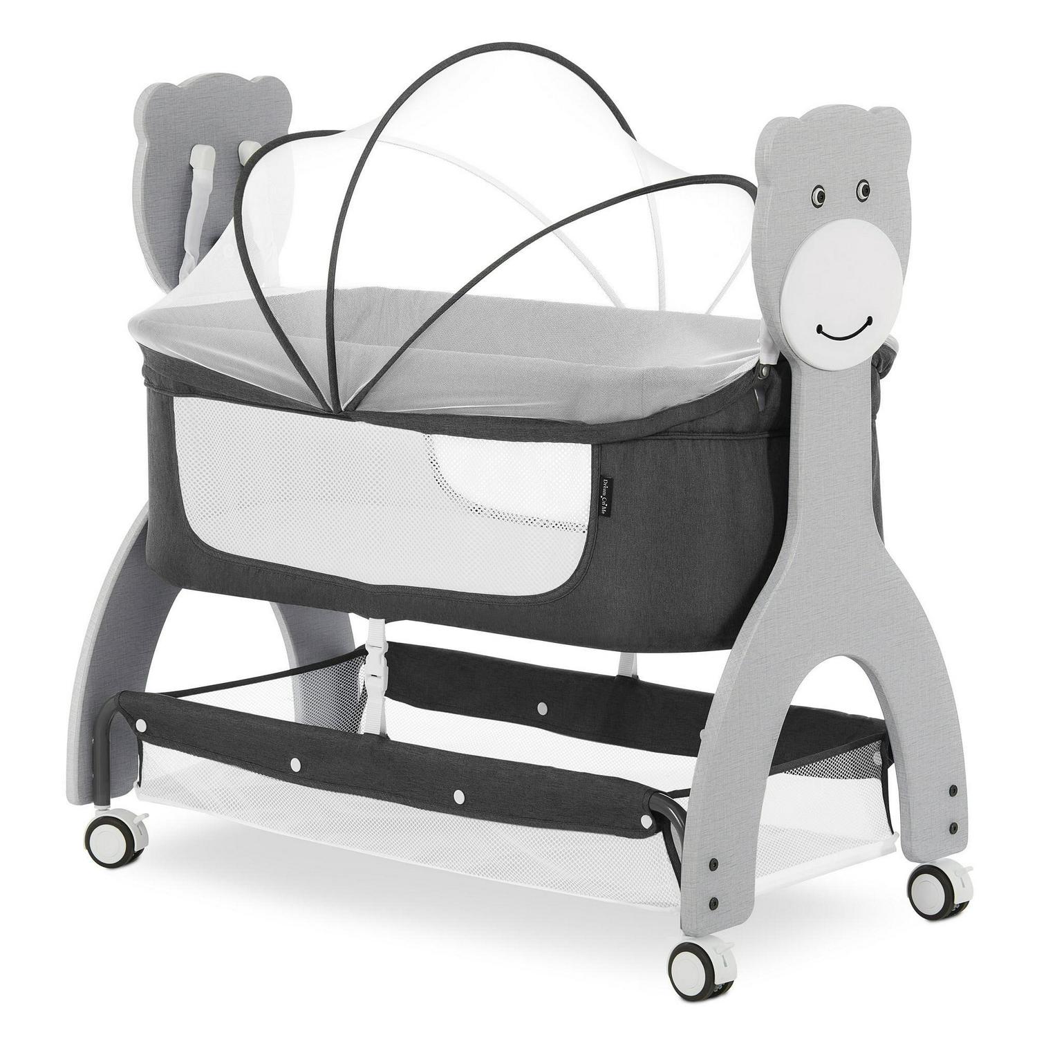 Dream on Me Cub Portable Bassinet in Dark Grey. Multi-Use Baby Bassinet with Locking Wheels
