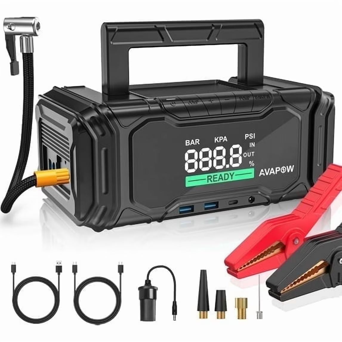 AVAPOW Jump Starter with Air Compressor, 12V 3000A Portable Jump Box??Up to 8L Gas&8L Diesel??with Force Start Function, 150 PSI Portable Tire Inflator with 60W Fast Charging