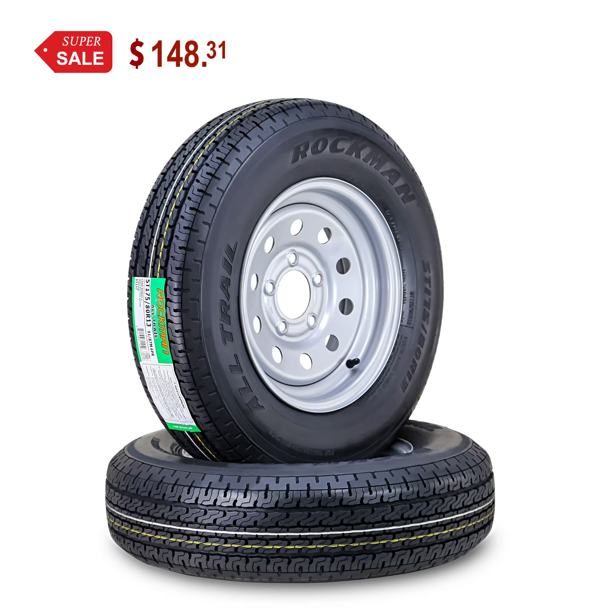 ROCKMAN Trailer Tire Wheel Assembly ST175/80R13 6-Ply C 91M 5 Lug on 4.5  PCD Silver Mod Rim ,SET 2
