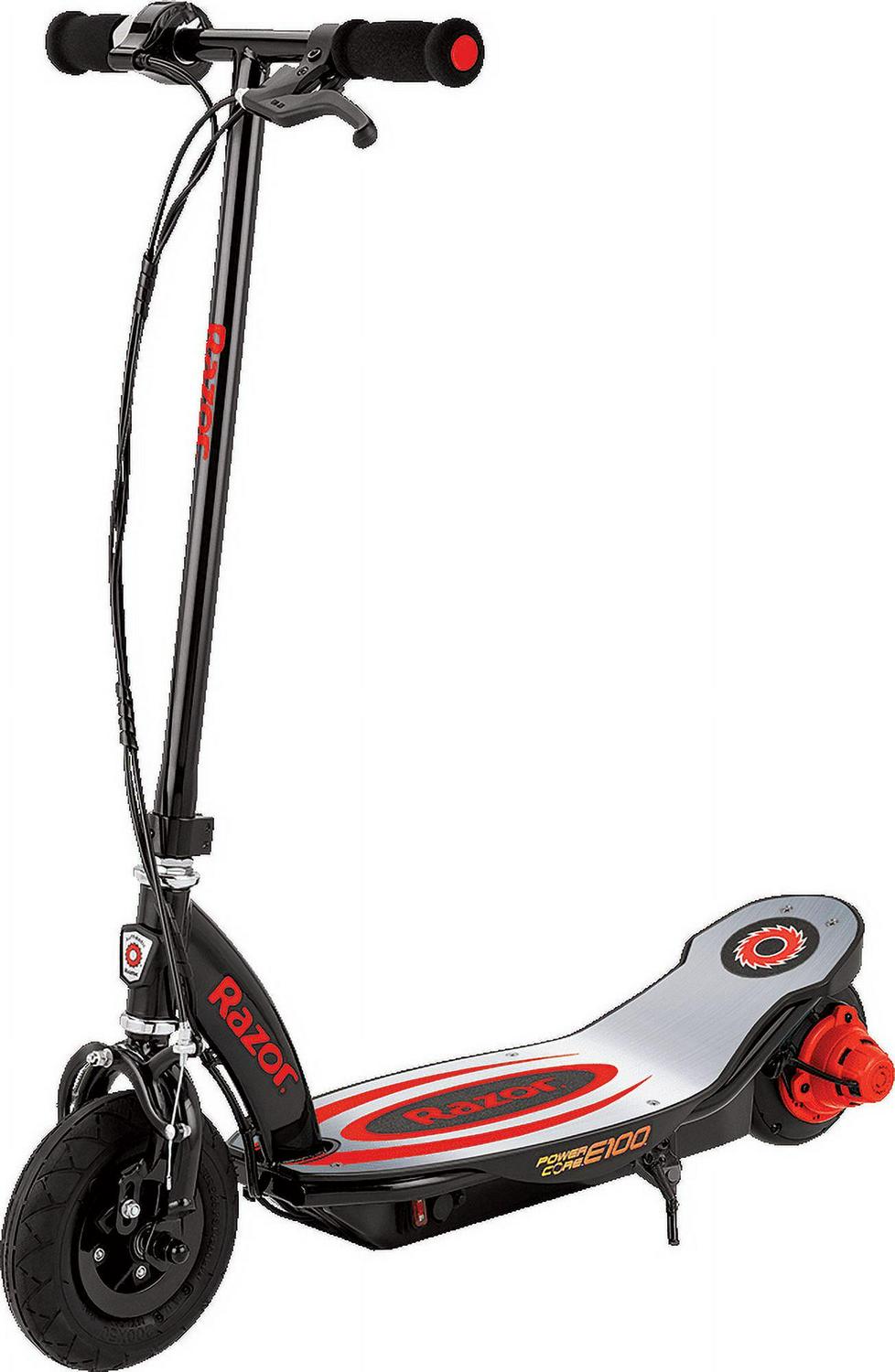 Razor Power Core E100 Electric Scooter with Aluminum Deck - Red. Ages 8+ and Up to 120 lb. 8¡å Pneumatic Front Tire. Up to 11 mph and Up to 60 Mins of Ride Time. 100W Hub Motor. Unisex