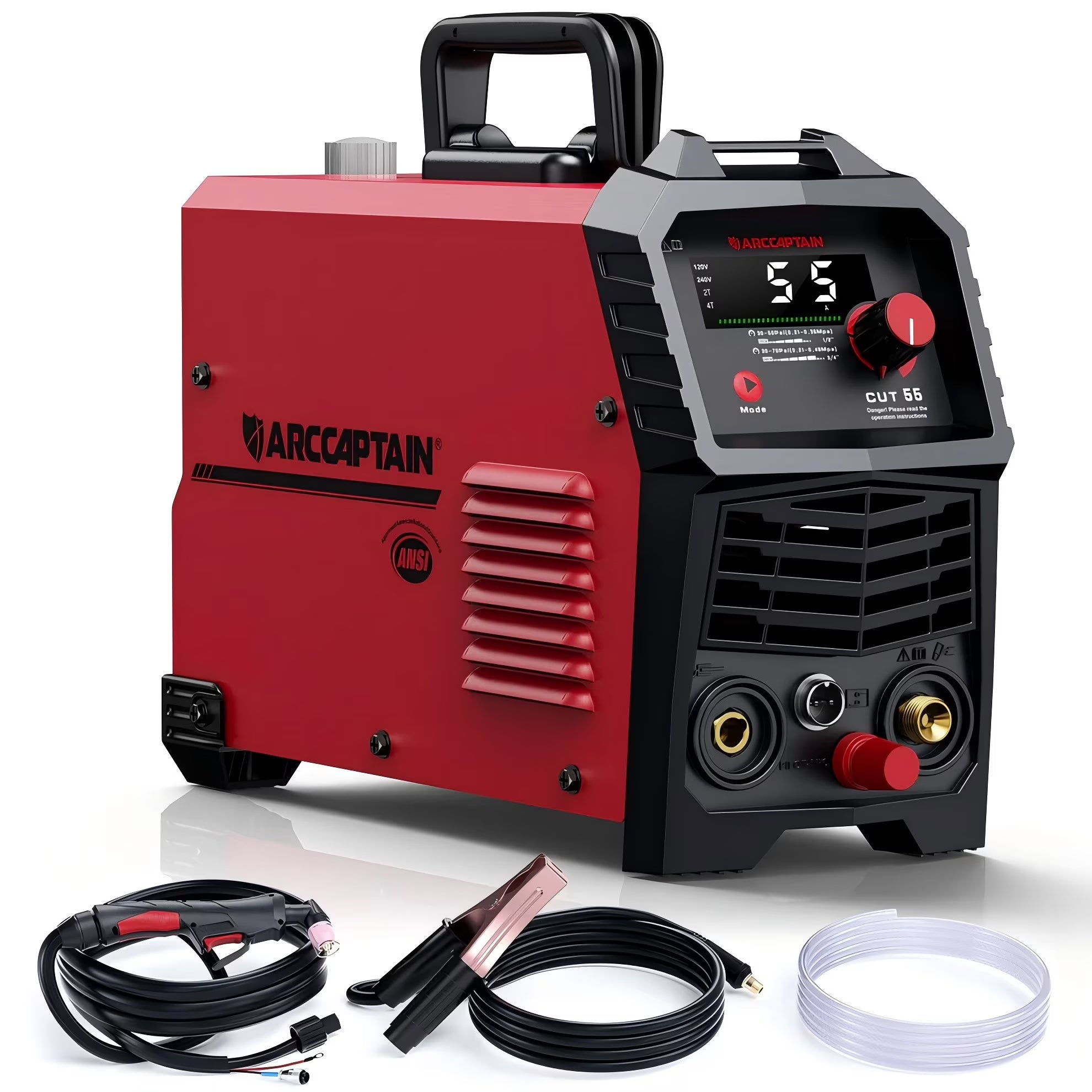ARCCAPTAIN 55A Plasma Cutter, Non-Touch Pilot ARC High-Frequency Air Plasma Cutting Machine, 110/220V Dual Voltage IGBT Inverter, 1/2  Clean Cut, Post Flow,2T/4T, and 1/4  - 18 NPT, for Beginners DIY