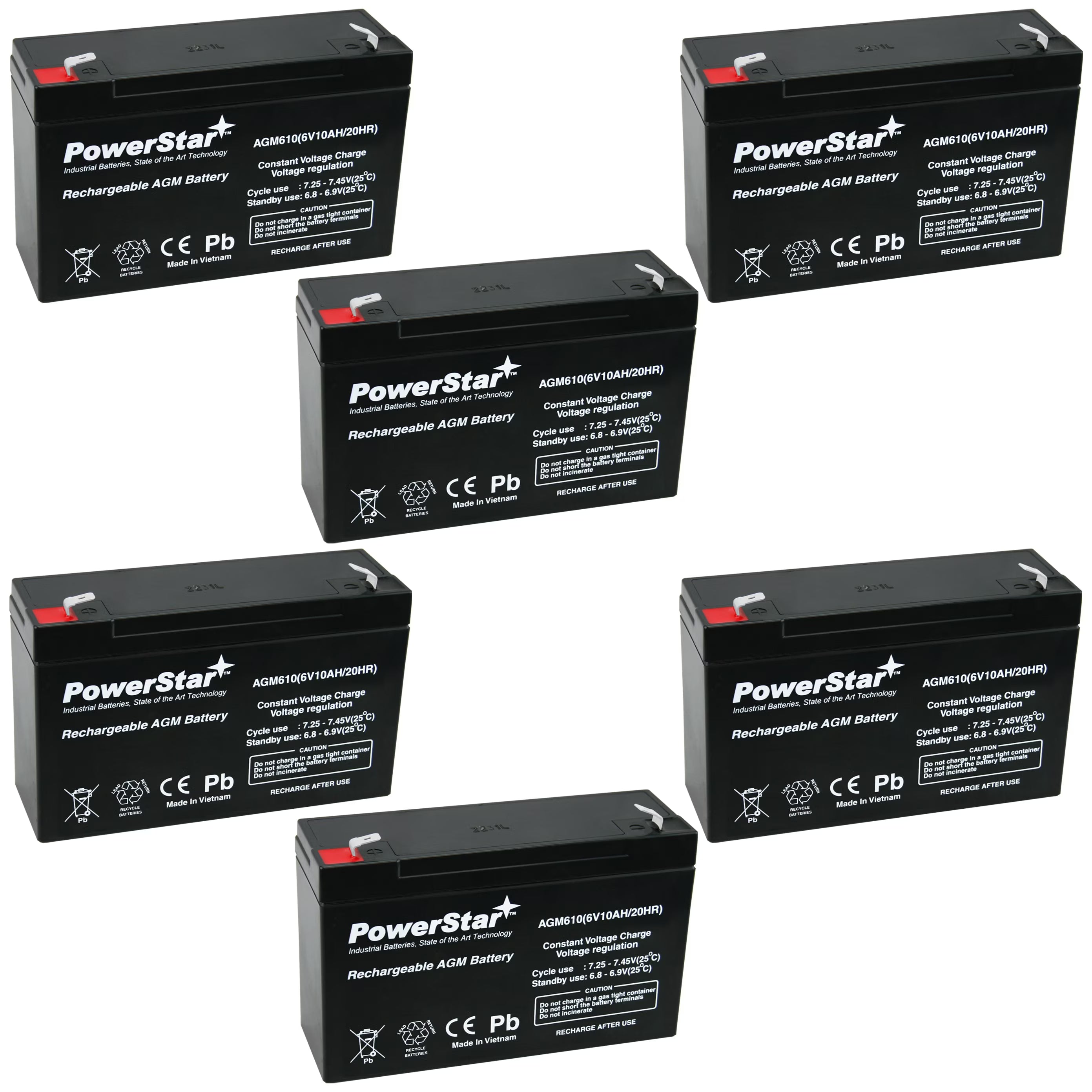 PowerStar AGM610 6V 10AH Battery Replacement for Golf Cart - 6 Pack
