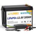 12V 300Ah LiFePO4 Battery with Charger,for RV,Solar,Motorhome and Boat,Golf Cart,Camping,Marine,15000+ Deep Cycles,200A BMS FLLYROWER Lithium Battery