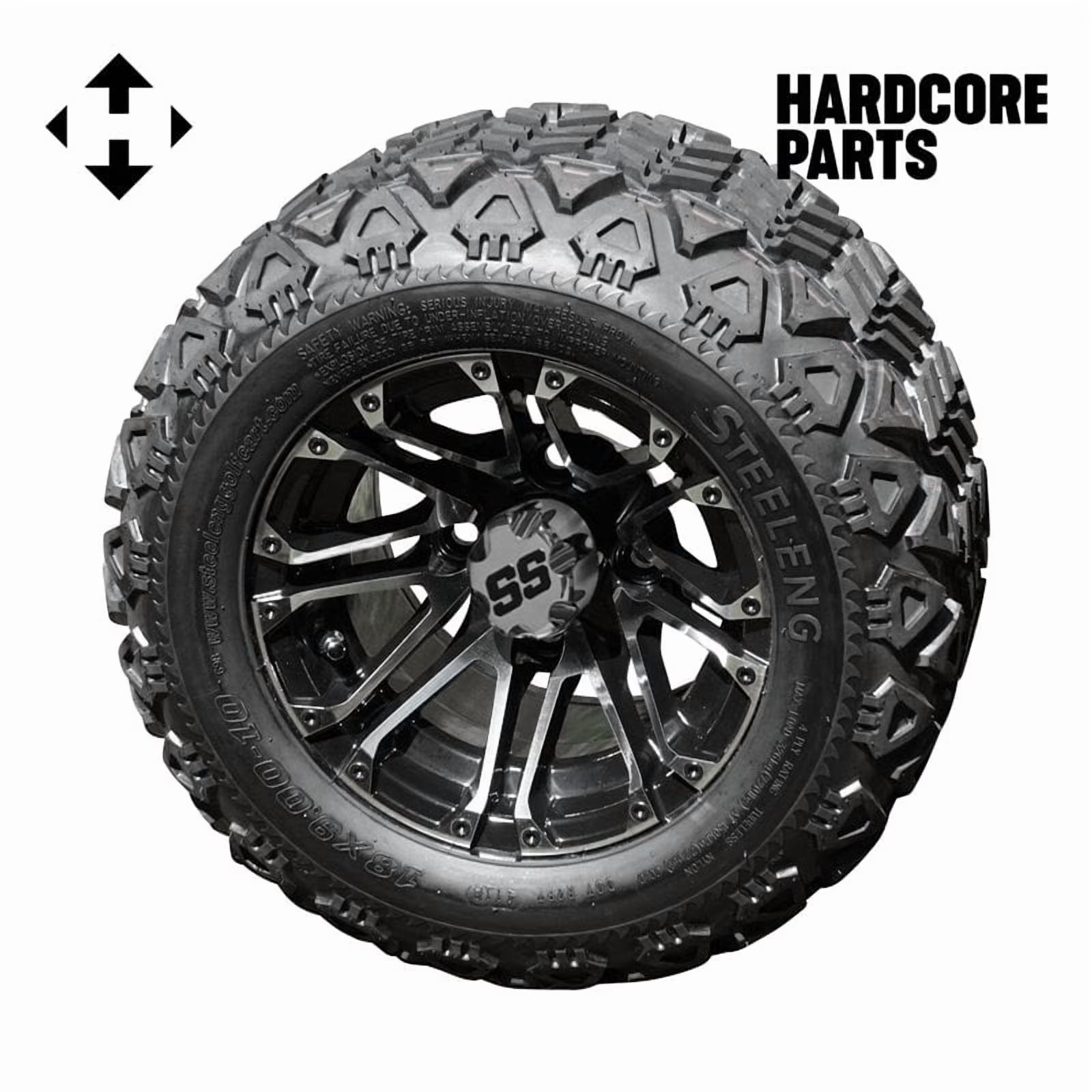 Hardcore Parts 10  Machined/Black 'Lancer' Golf Cart Wheels and 18¡åx9??10??DOT rated All-Terrain tires - Set of 4, includes Chrome 'SS' center caps and 1/2x20 Chrome lug nuts