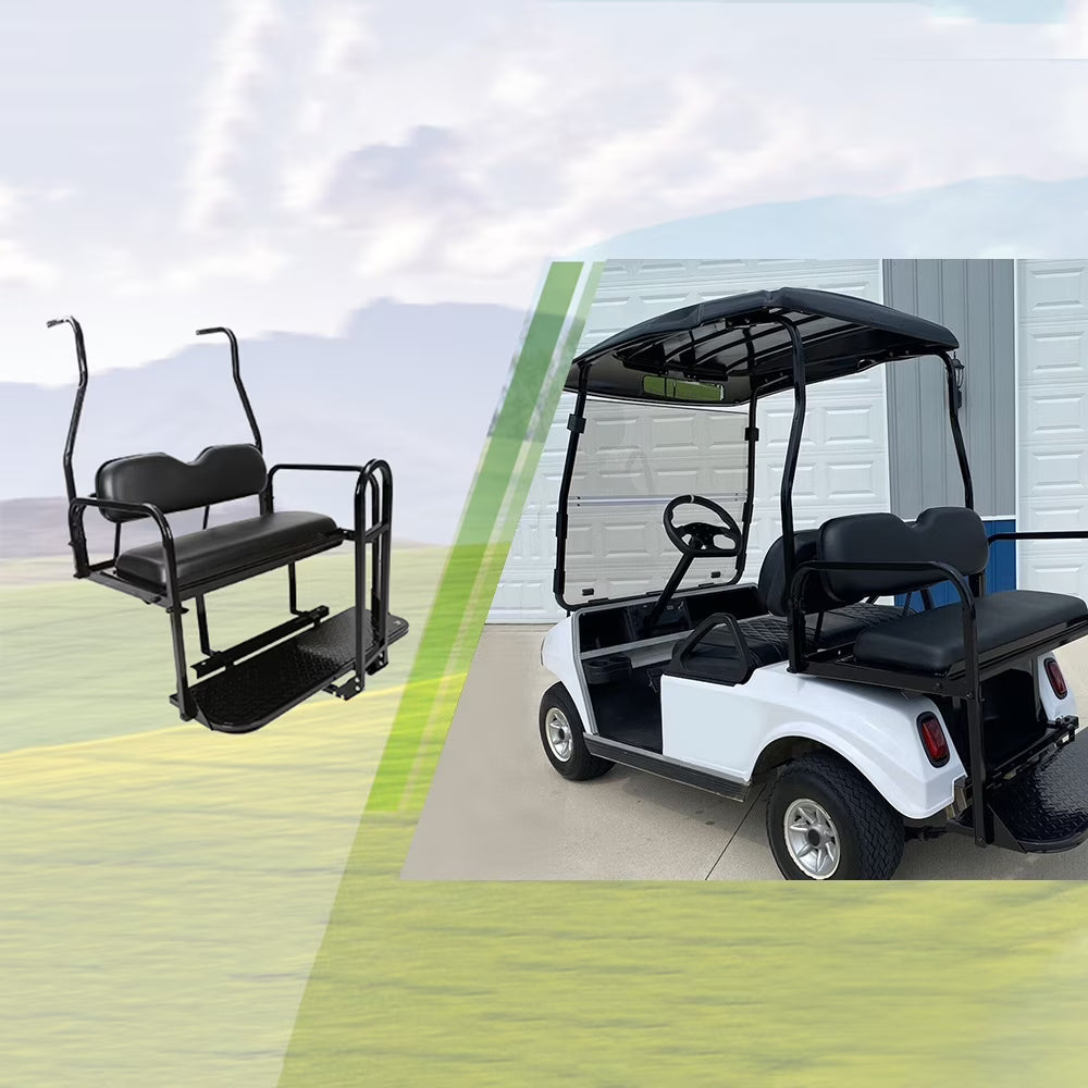 Kojem Black Rear Flip Folding Seat Kit for 2000-2013 DS Model Club Car Golf Cart 400 lbs Weight Capacity w/Extra Grab Bar