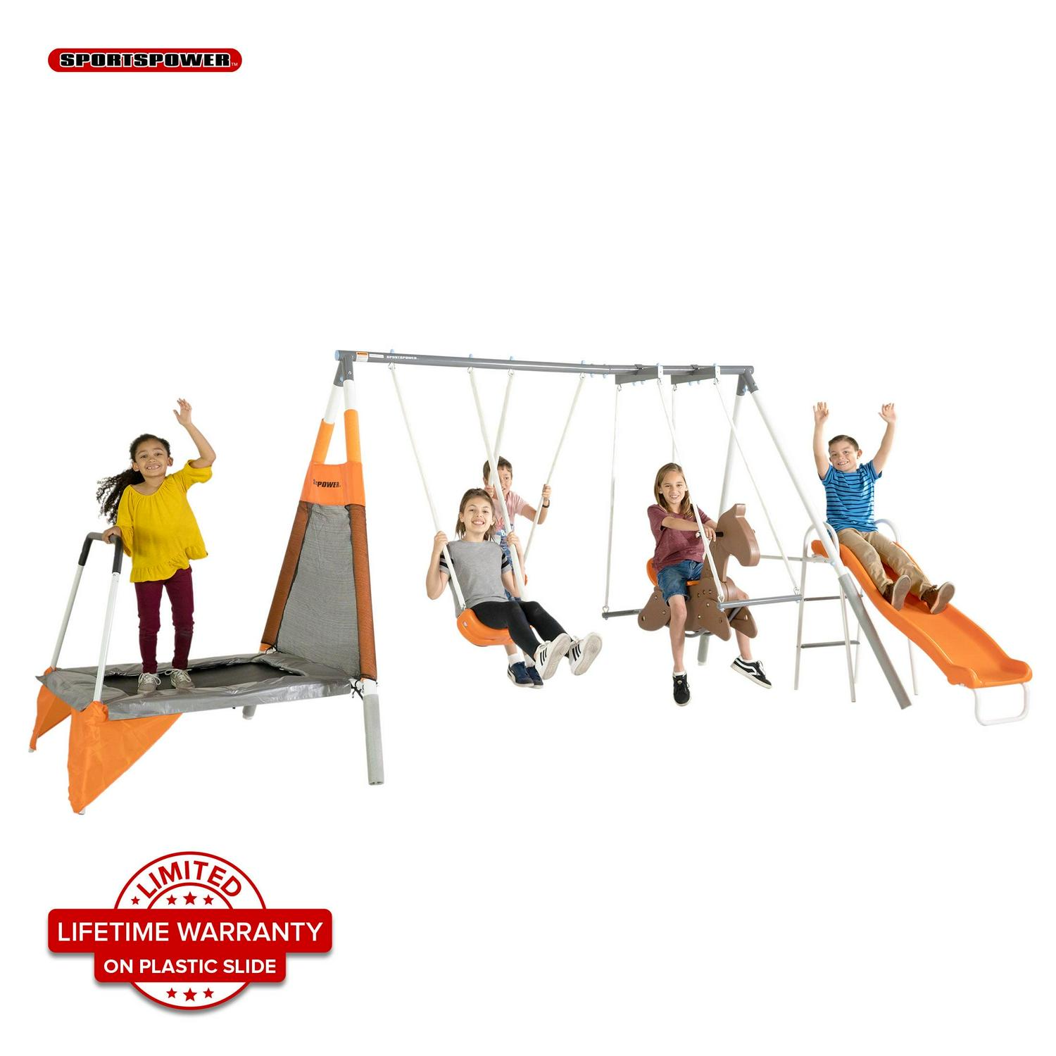 Sportspower Fairview Swing Set with 2 Swings. Rocking Horse. Mini Trampoline. Lifetime Warranty on Blow Molded Slide. and Bonus Anchor Kit