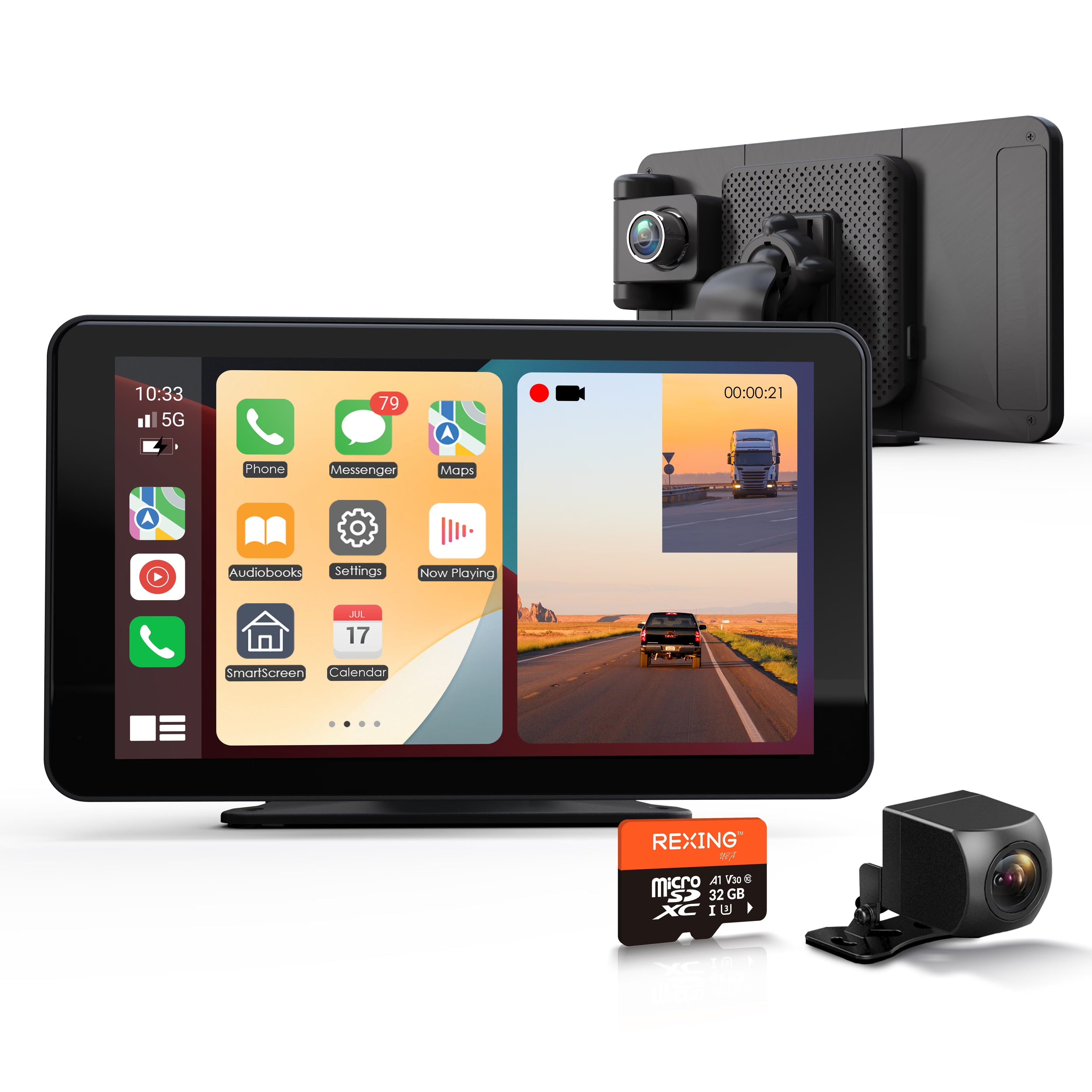 REXING 7  Wireless CarPlay/Android Auto Receiver, 4K Dash Cam, 1080p Rear, GPS, Bluetooth, 32GB Card