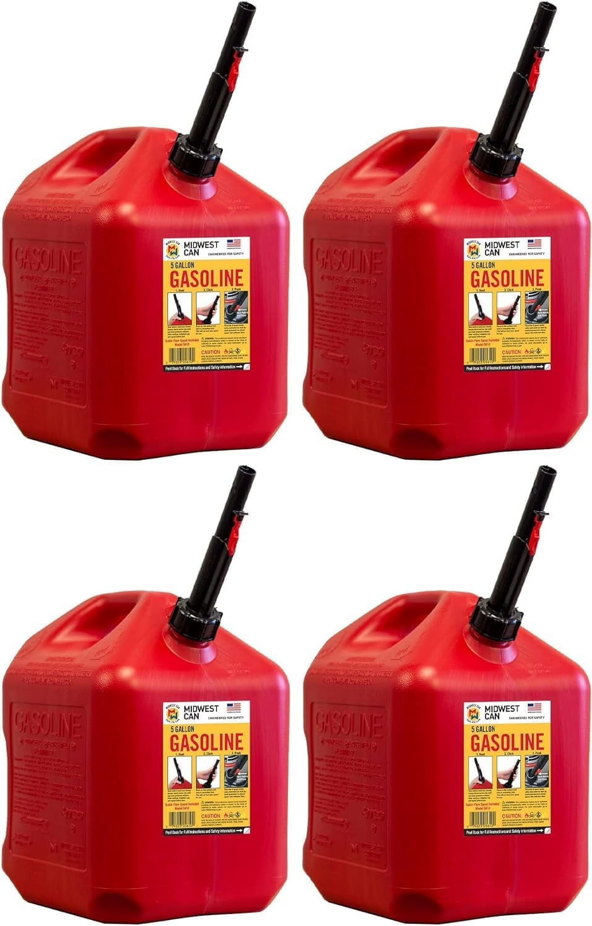 Midwest Can 5610 Safe-Flo Auto Shut Off 5 Gallon Gas Can ?C Durable Fuel Containers with FlameShield Safety System & Quick-Flow Spout - Red - 4 Pack
