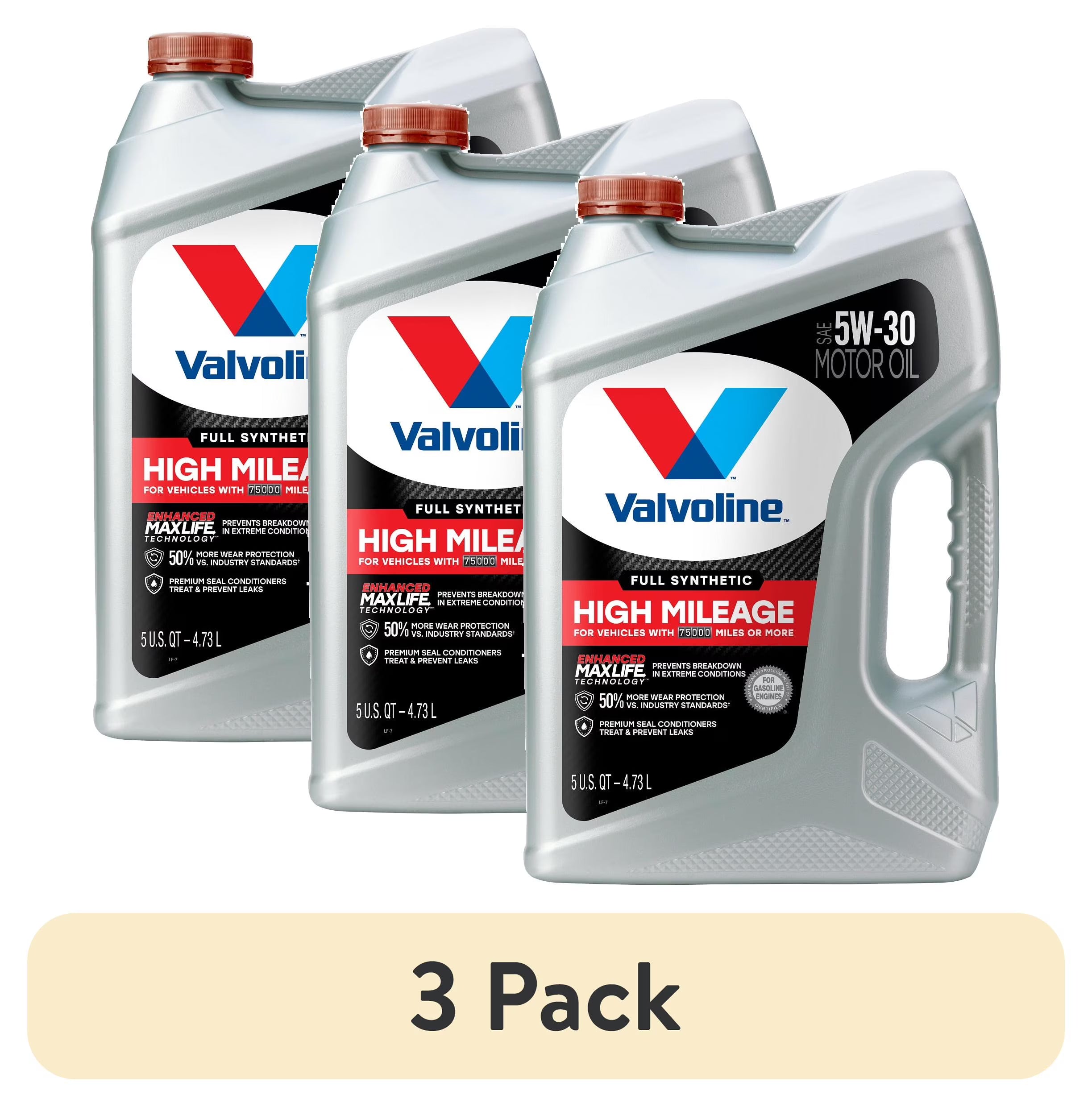 (3 pack) Valvoline Full Synthetic High Mileage with MaxLife Technologyl 5W-30 Motor Oil 5 QT
