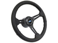 1968-1991 Ford Passenger/Truck; VSW S6 Black Leather Wrapped Steering Wheel Black Aluminum Kit with Classic Blue Oval Emblem