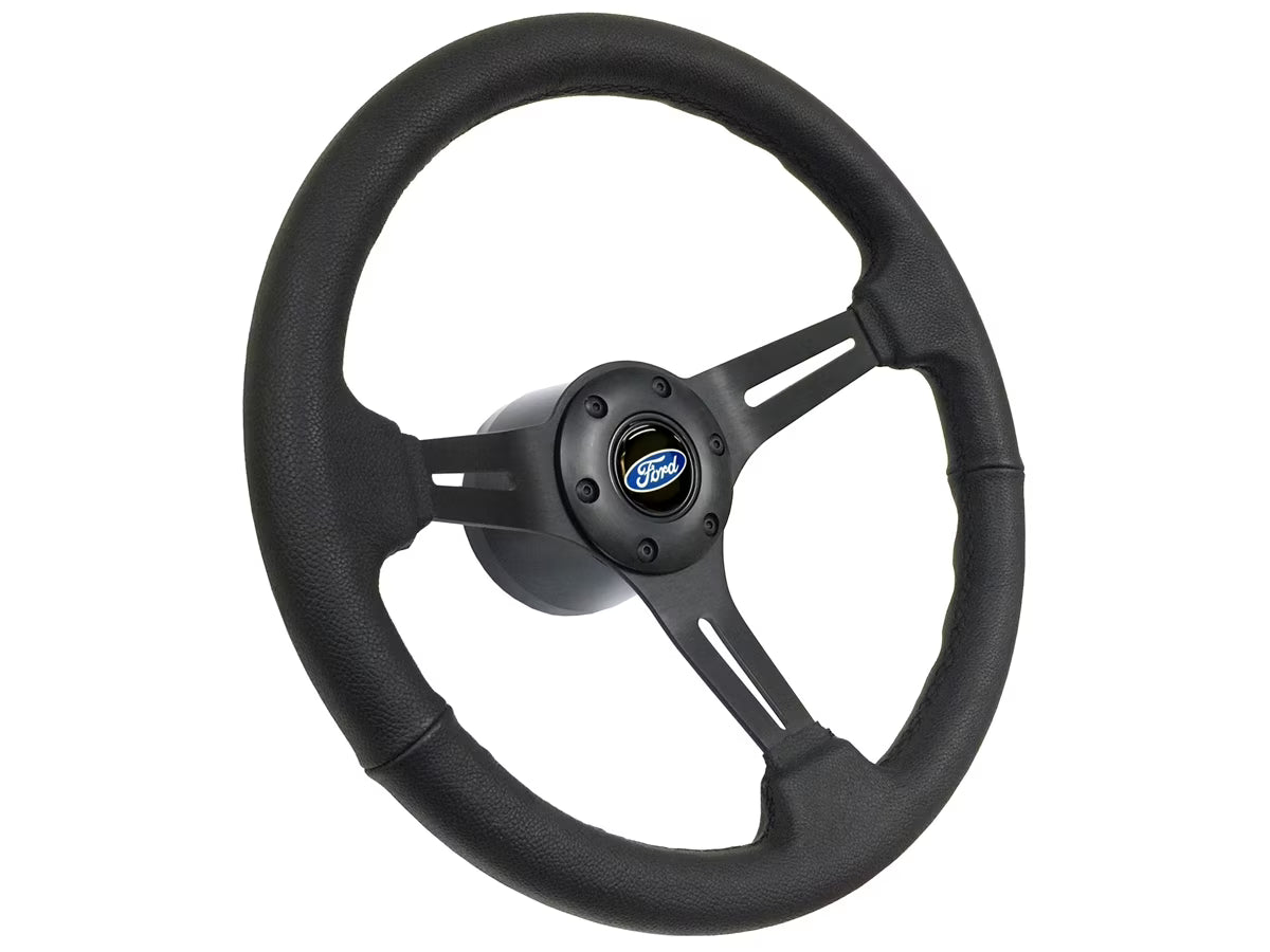 1968-1991 Ford Passenger/Truck; VSW S6 Black Leather Wrapped Steering Wheel Black Aluminum Kit with Classic Blue Oval Emblem