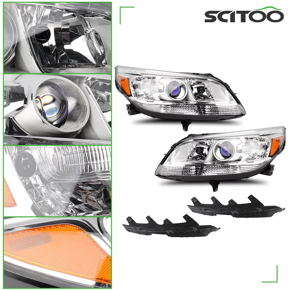 SCITOO 23294938, 23294937 Headlight Assembly Fits For Chevy For Malibu 2013-2016,For Chevy For Malibu Limited 2016 headlamp in Chrome Housing Amber Reflector Clear Lens