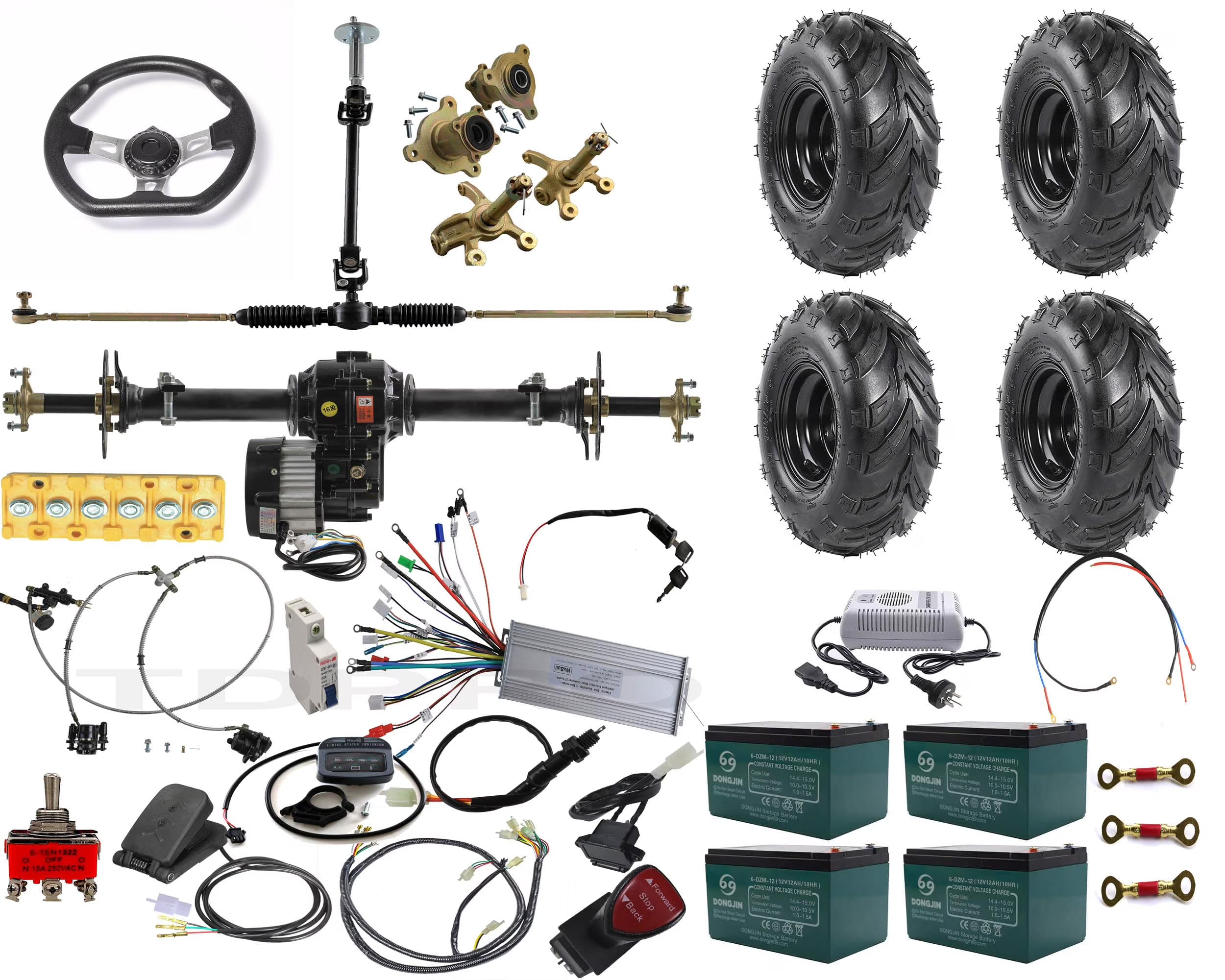 Rear Differential Axle Kit 48V 1000W Electric Motor Controller Battery Hydraulic Brake 145/70-6 Wheels Tires DIY Parts For Go Kart Golf Cart ATV Quad Buggy Trike Tricycle 4 Wheeler (30  Axle)