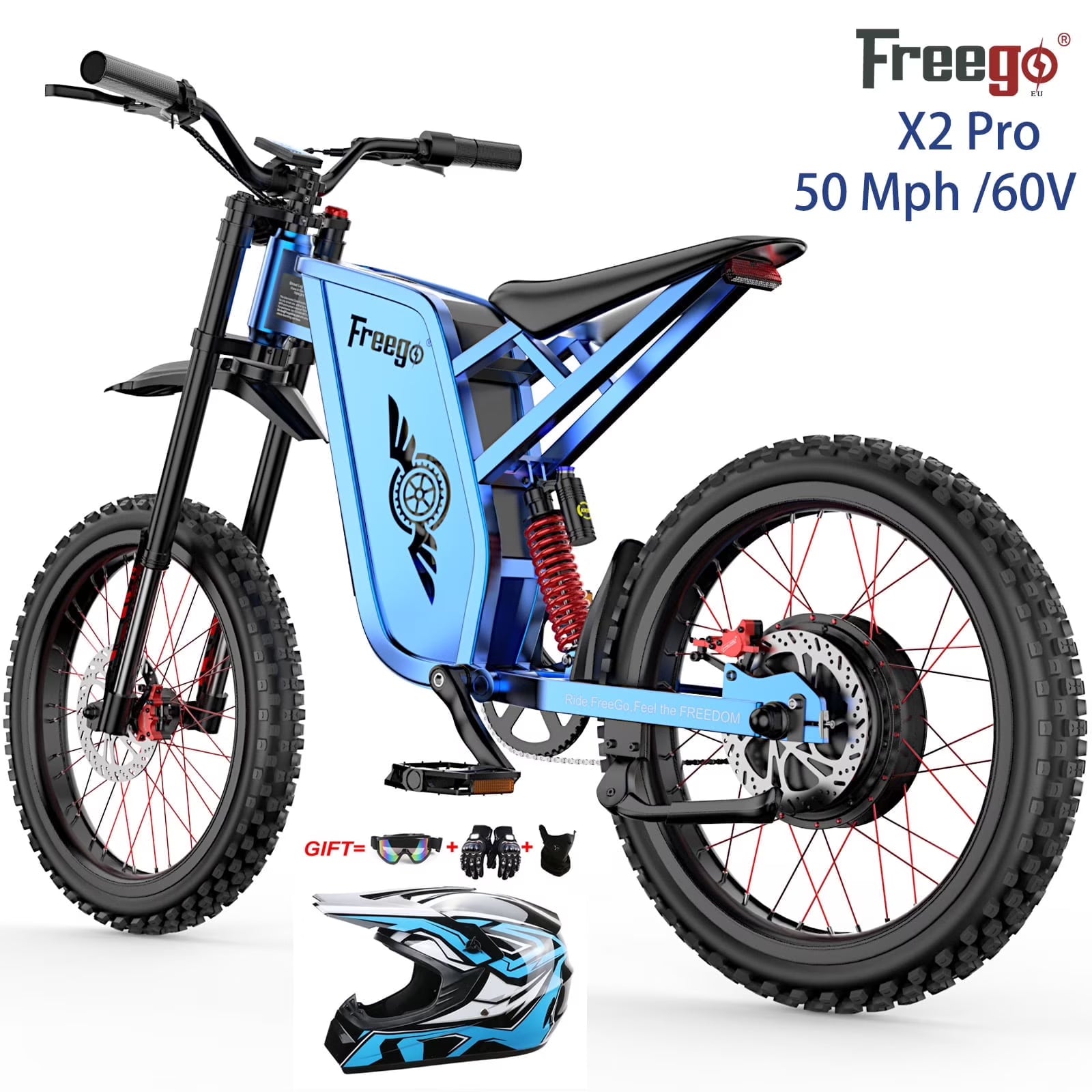50MPH Electric Dirt Bicycle Freego X2 Pro,6000W(Peak)Motor Electric Motorcycle, Electric Bike for Adults, 60V30AH Battery, 19x2 Tire Full Suspension Hydraulic Brake Half Throttle UL2849