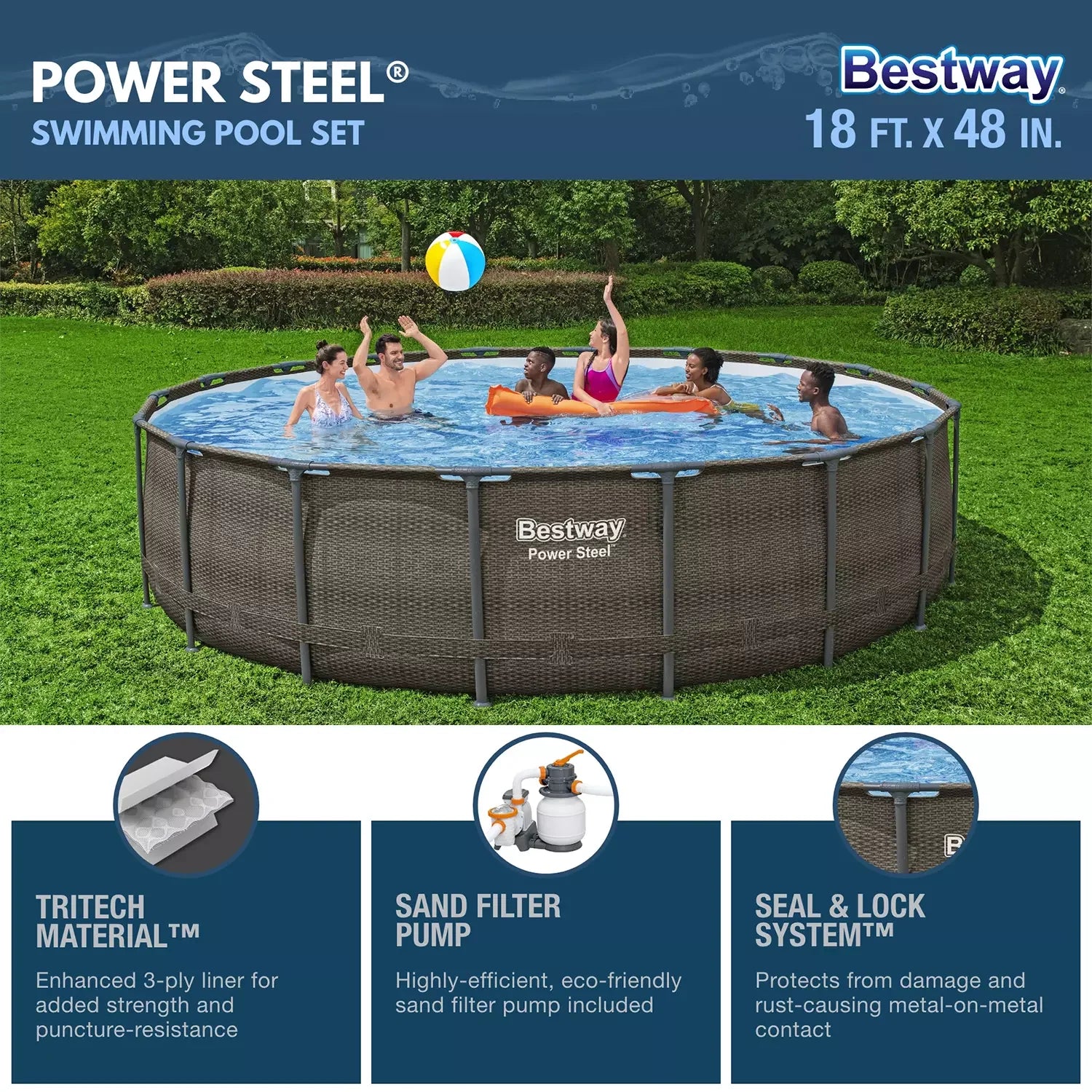 Bestway Power Steel Round Above Ground Pool Set, 18' x 48