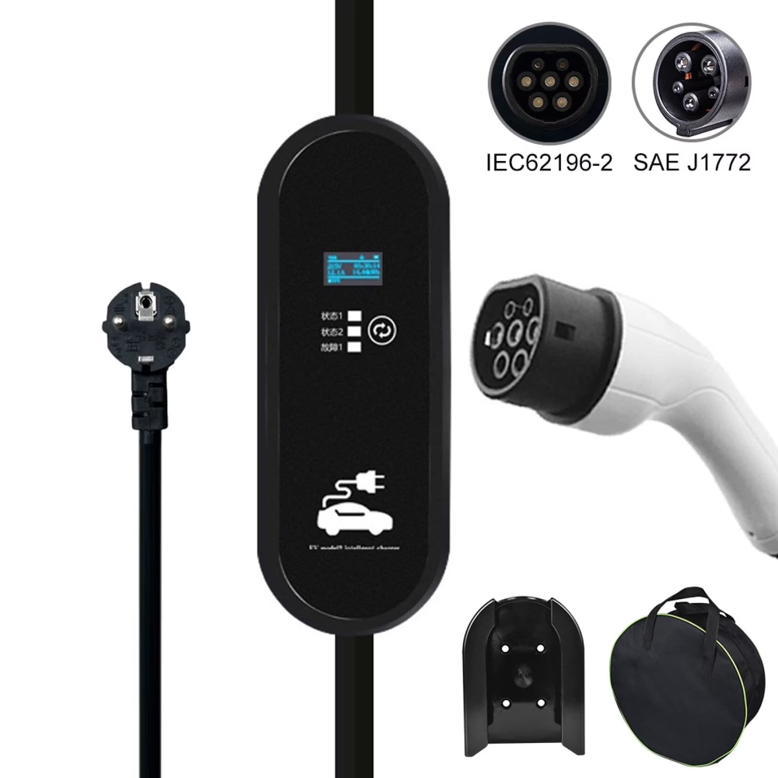 Pecham Portable EV Charger, 16A 2.8KW EVSE Charging Cable, Level 2 Electric Vehicle Charging with 16.4ft Cable Type2 IEC62196-2 Type1 J1772 Plug Controller Wallbox