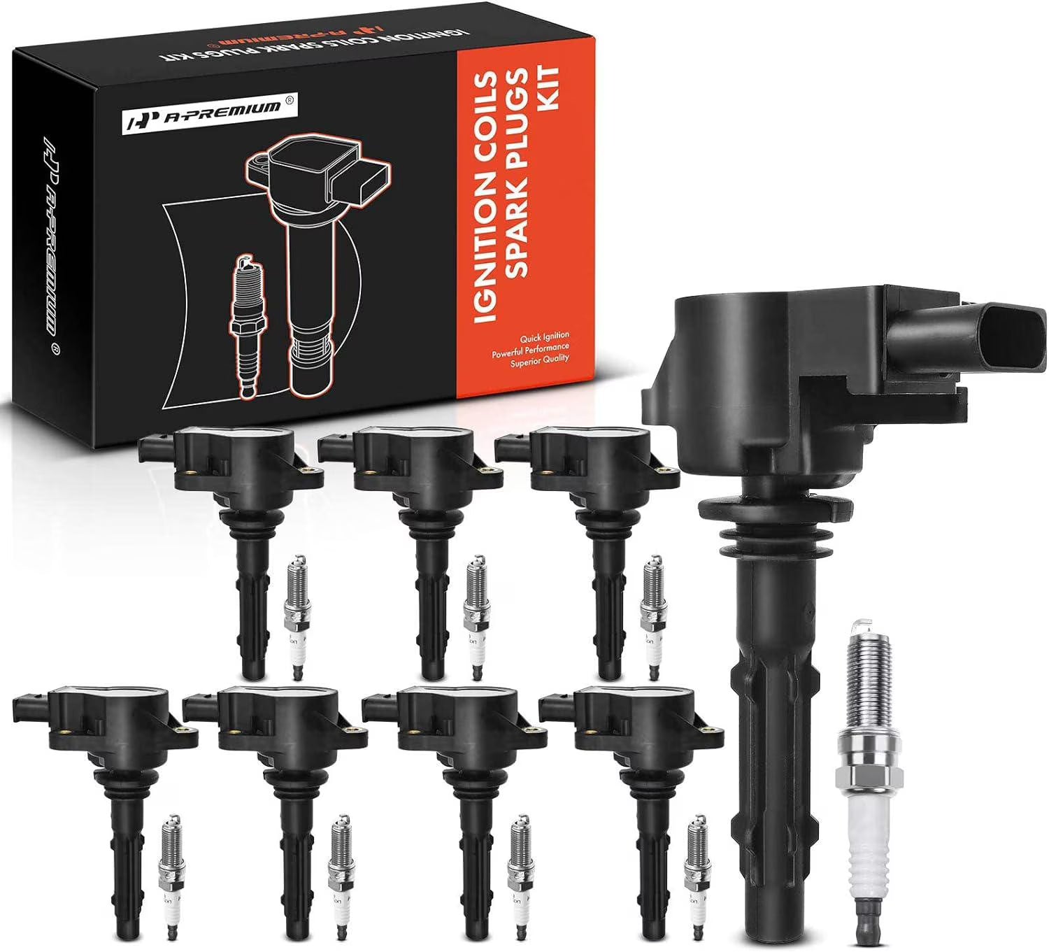 A-Premium Set of 8 Ignition Coil Pack and Iridium Spark Plugs Compatible with Mercedes-Benz CLS550 E550 S550 2007-2011 GL450 SL550 ML550 S450 CL550 CLK550 G550