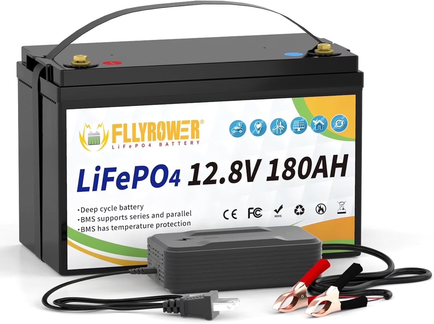 12V 180Ah LiFePO4 Battery with Charger,for Trolling Motor RV Marine Solar Camping off-Grid Boat,15000+Deep Cycles Batteries