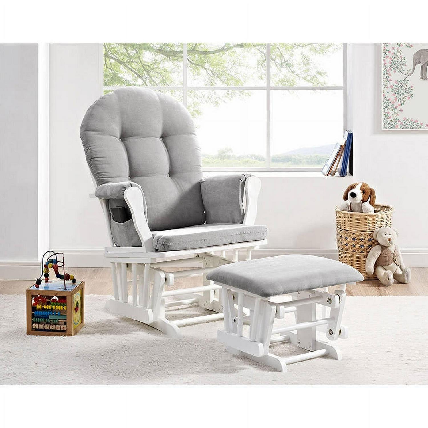 Angel Line Windsor Glider and Ottoman. White Finish with Gray Cushions