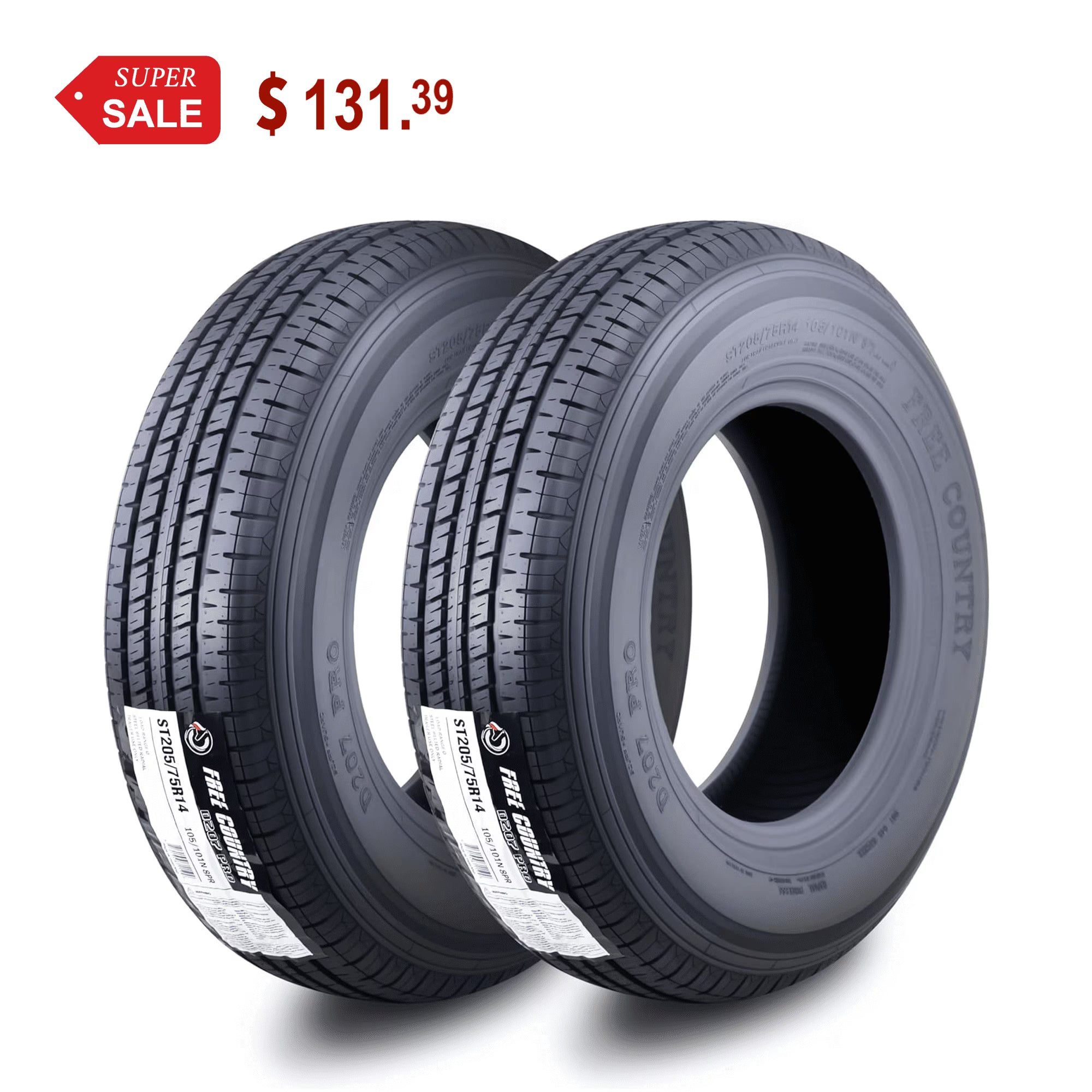 Free Country Heavy Duty ST 205/75R14 8PR Load Range D Radial w/Side Scuff Guard Trailer Tires, Set of 2