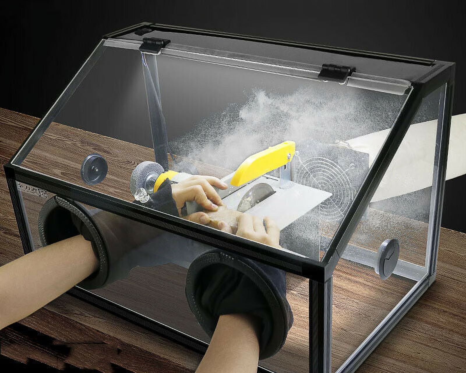 220V Electric 2 Holes Enclosed Grinding Table Polisher Acrylic Dust Box Cover , 3mm LED Light with Fan