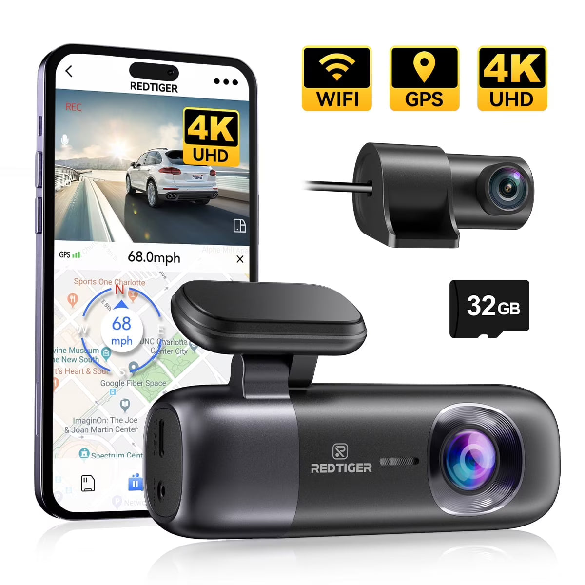 REDTIGER Dash Cam, 4K Front and 1080P Rear Car Dashcam with WiFi & GPS, App Control, Night Vision, Free 32GB Card