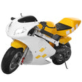 Mini Motorcycle, 49cc 2-Stroke Pocket Rocket, Yellow & White, 1.25L Gas Tank, 20-Mile Range, Centrifugal Transmission, Dual Headlights, 170lbs Max Rider Weight, Durable Steel Frame, Pull Start