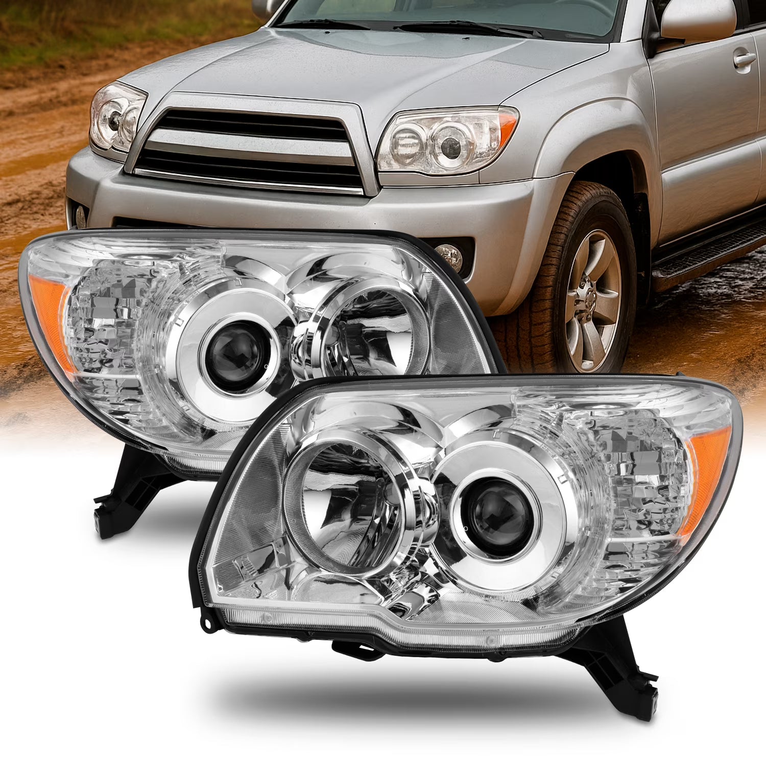 AKKON - For Toyota 4Runner Chrome OE Replacement Headlights Driver/Passenger Amber Head Lamps Pair