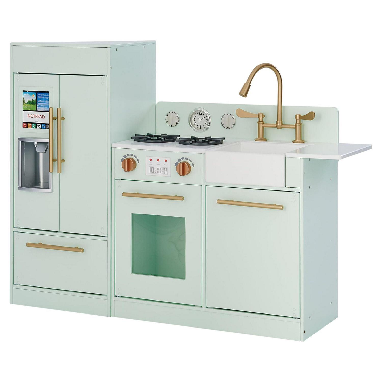 Teamson Kids Little Chef Charlotte Play Kitchen Set ¨C Toddler Wooden Kitchen Playset with Stove. Sink & Refrigerator. Toy Cooking Set for Ages 1-7. Mint/Gold