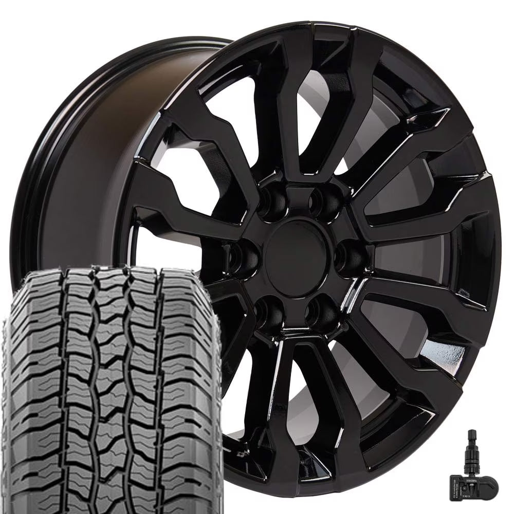 OE Wheels 18 inch Gloss Black 5909 Rims, 275/65R18 Tires, TPMS Set Fits Specific GM Trucks AT4 Style