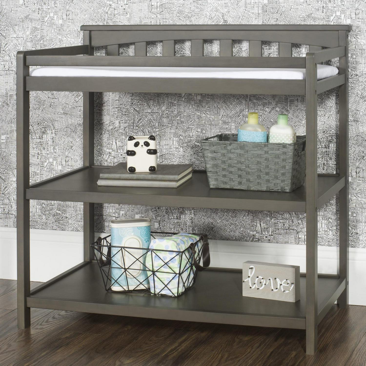 Child Craft Flat Top Changing Table with Pad & Strap. 2 Storage Shelves. Anti-Tip Kit. Dapper Gray